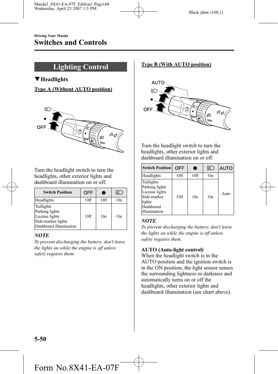 Switches and controls, Lighting control, Switches and controls -50 | Lighting control -50 | Mazda 2008 3 4-DOOR User Manual | Page 168 / 452