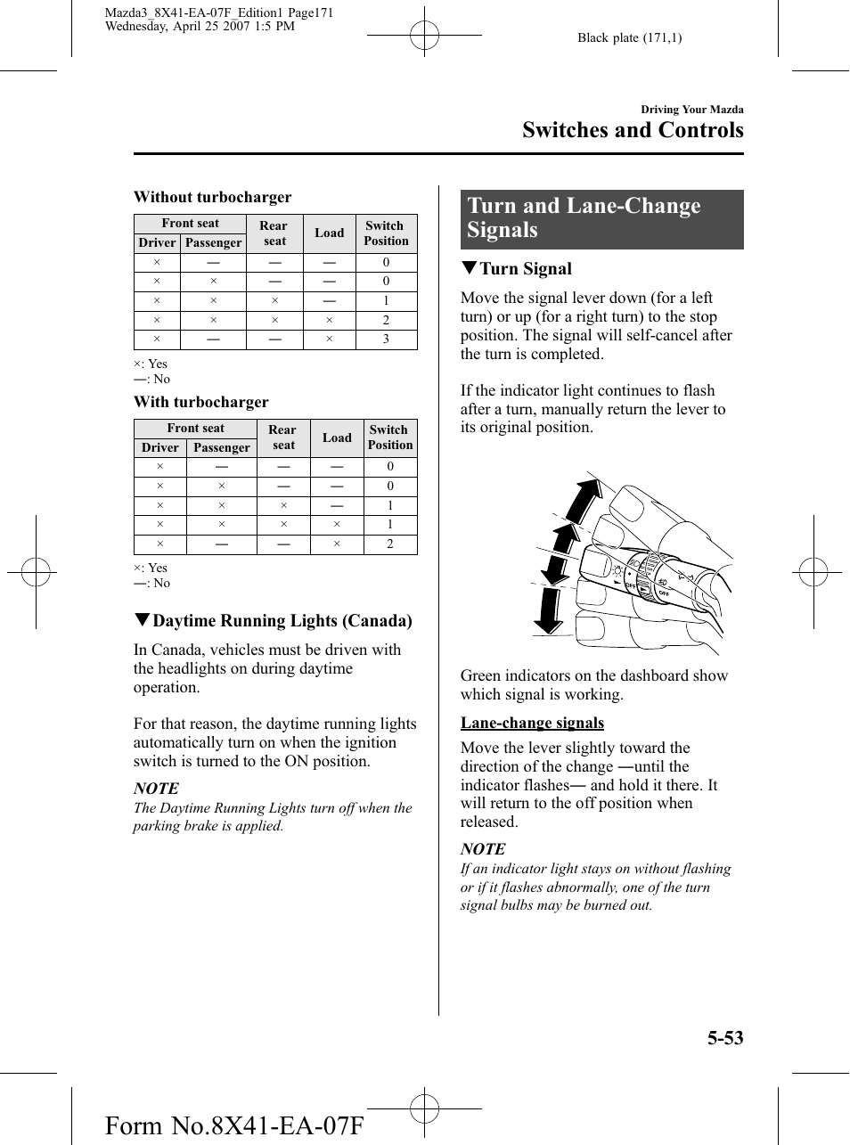 Turn and lane-change signals, Turn and lane-change signals -53, Switches and controls | Qdaytime running lights (canada), Qturn signal | Mazda 2008 3 4-DOOR User Manual | Page 171 / 452
