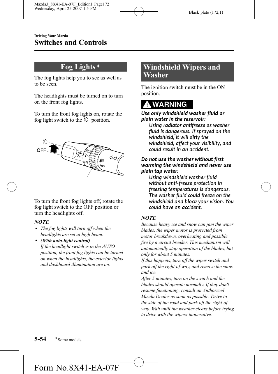 Fog lights, Windshield wipers and washer, Windshield wipers and washer -54 | Switches and controls, Warning | Mazda 2008 3 4-DOOR User Manual | Page 172 / 452