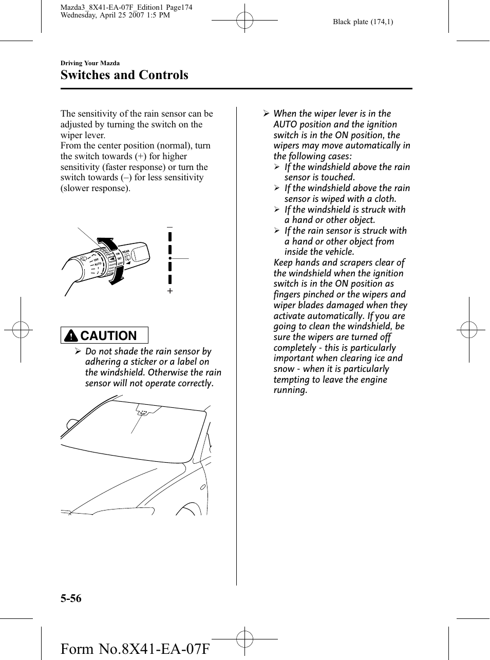Switches and controls, Caution | Mazda 2008 3 4-DOOR User Manual | Page 174 / 452