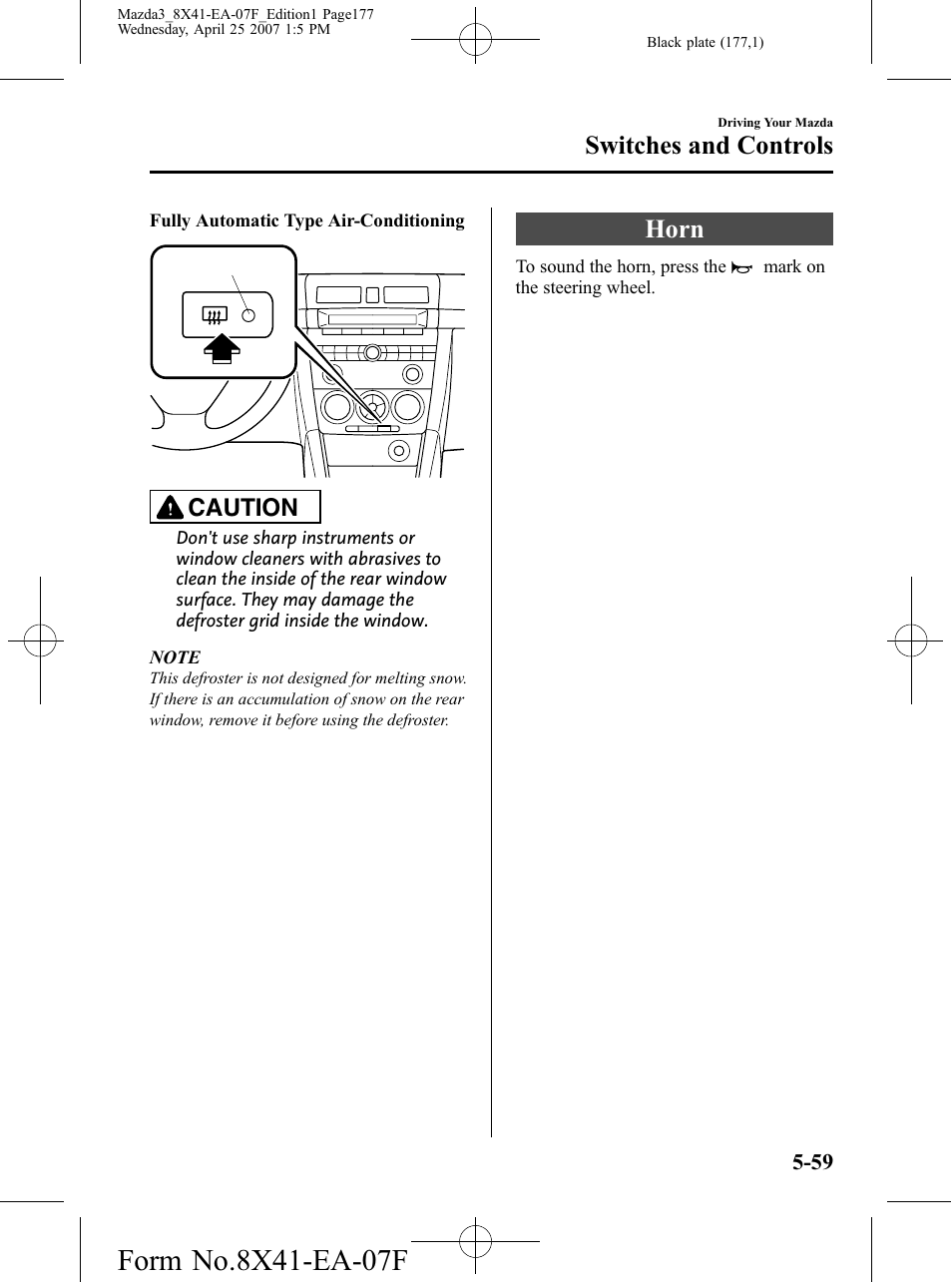 Horn, Horn -59, Switches and controls | Caution | Mazda 2008 3 4-DOOR User Manual | Page 177 / 452