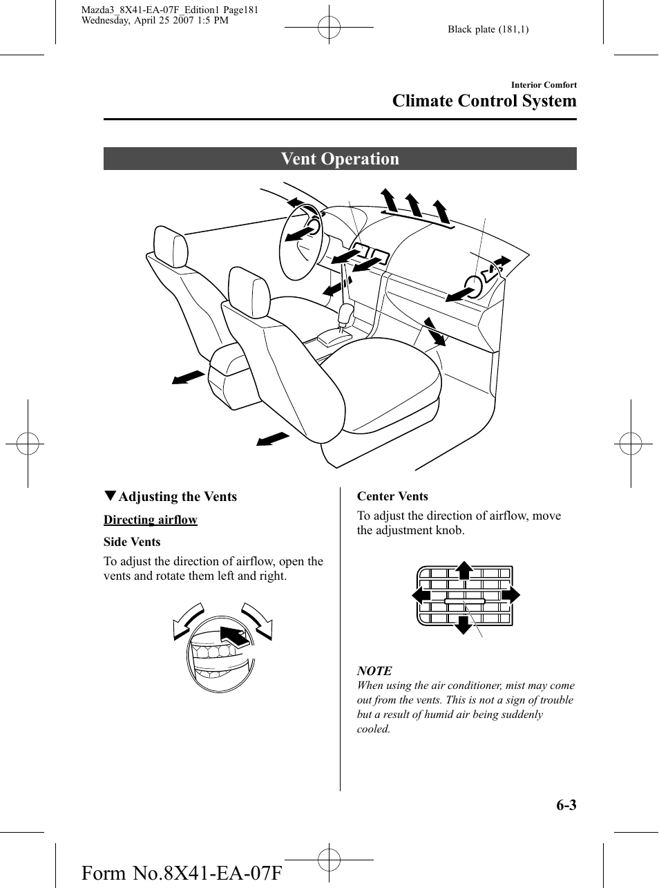 Vent operation, Vent operation -3, Climate control system | Mazda 2008 3 4-DOOR User Manual | Page 181 / 452