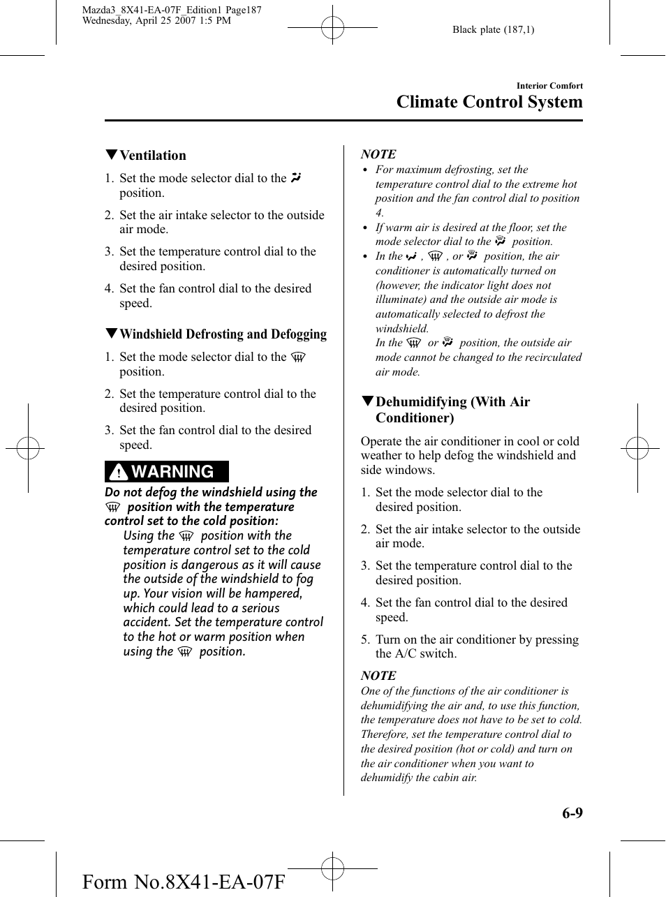 Climate control system, Warning | Mazda 2008 3 4-DOOR User Manual | Page 187 / 452