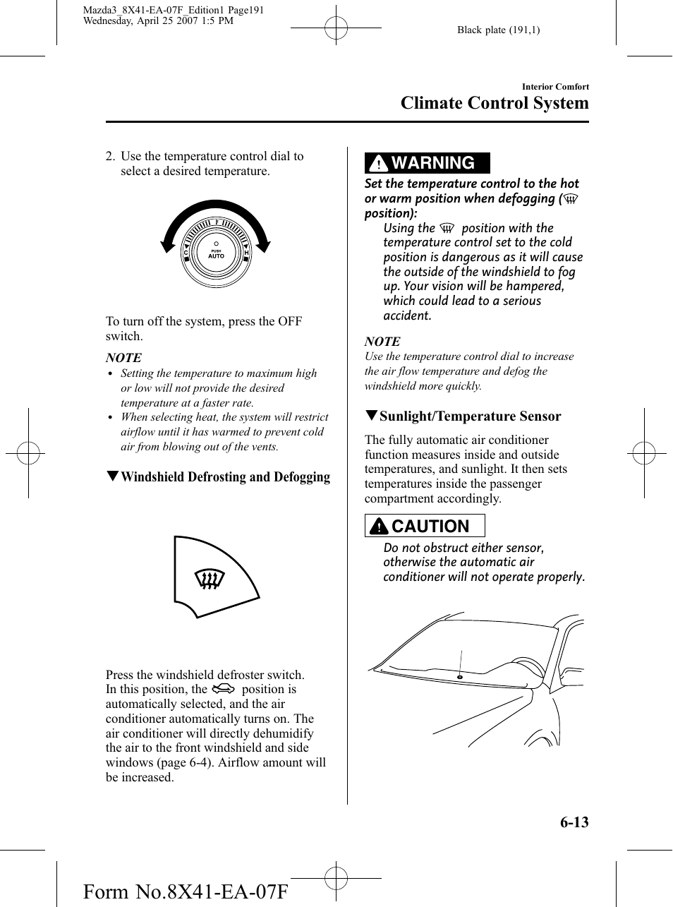 Climate control system, Warning, Caution | Mazda 2008 3 4-DOOR User Manual | Page 191 / 452