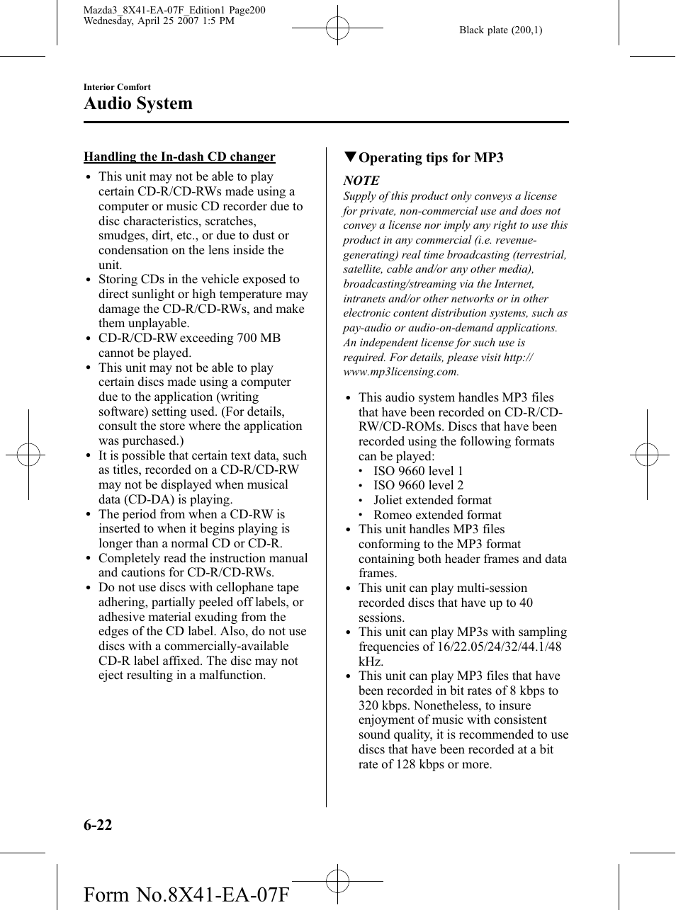 Audio system, Qoperating tips for mp3 | Mazda 2008 3 4-DOOR User Manual | Page 200 / 452