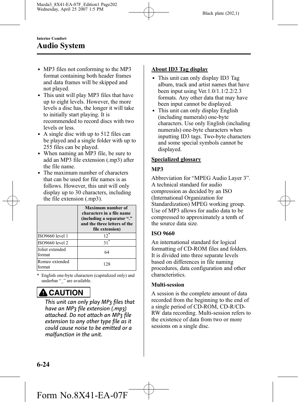 Audio system, Caution | Mazda 2008 3 4-DOOR User Manual | Page 202 / 452