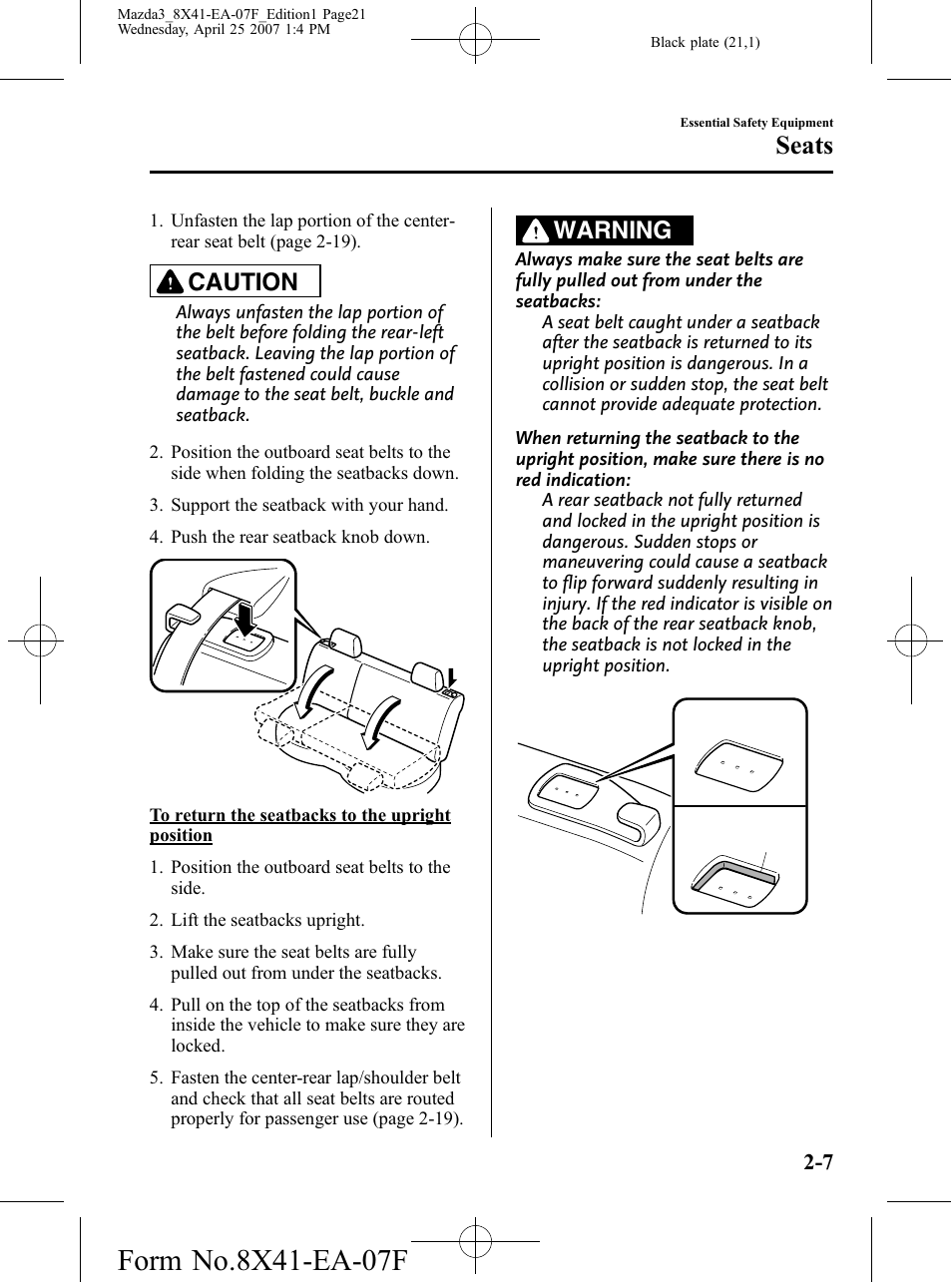 Seats, Caution, Warning | Mazda 2008 3 4-DOOR User Manual | Page 21 / 452