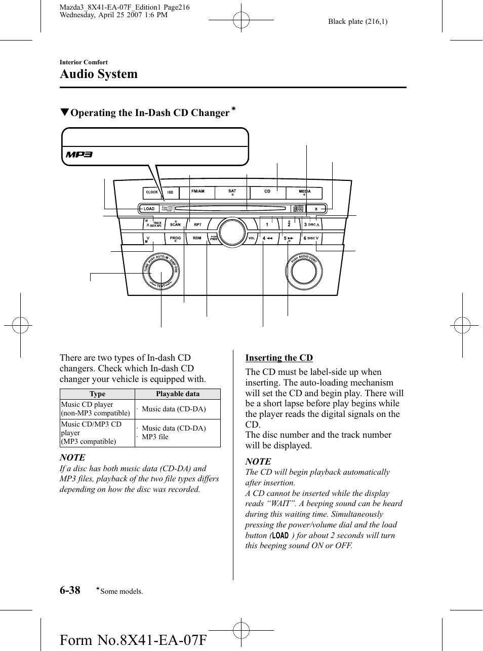 Audio system, Qoperating the in-dash cd changer | Mazda 2008 3 4-DOOR User Manual | Page 216 / 452