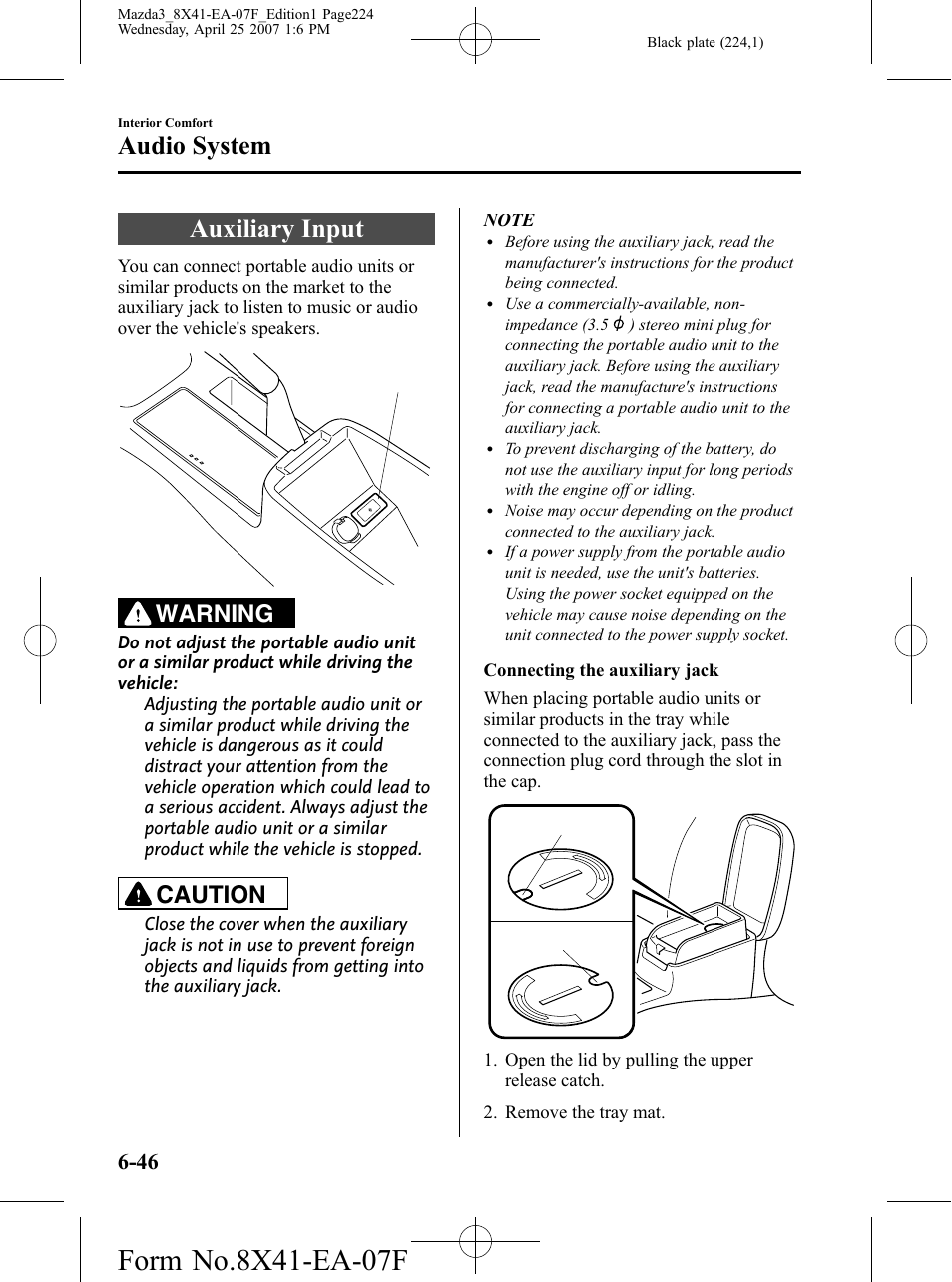 Auxiliary input, Auxiliary input -46, Audio system | Warning, Caution | Mazda 2008 3 4-DOOR User Manual | Page 224 / 452