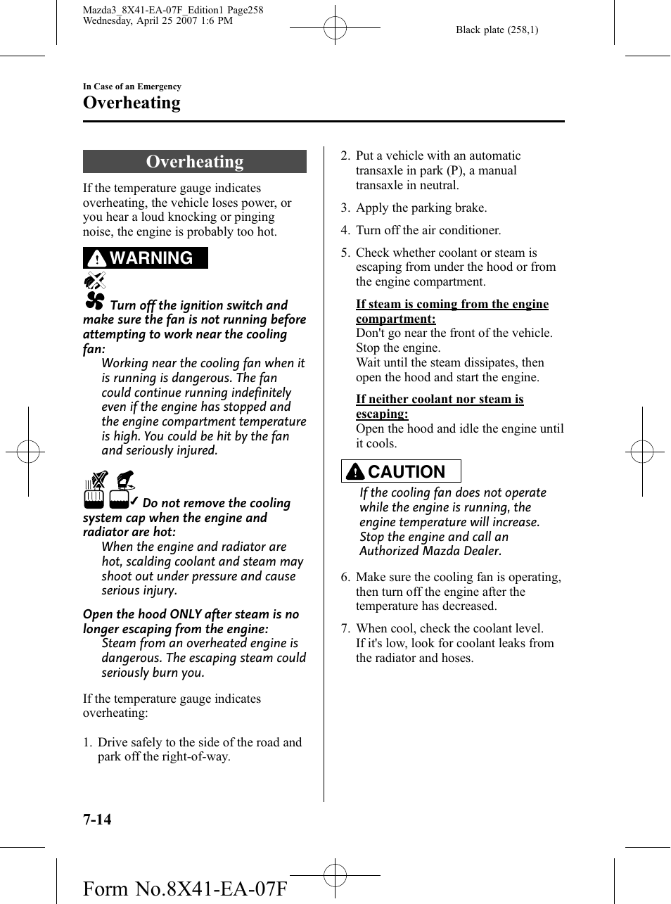 Overheating, Overheating -14, Warning | Caution | Mazda 2008 3 4-DOOR User Manual | Page 258 / 452