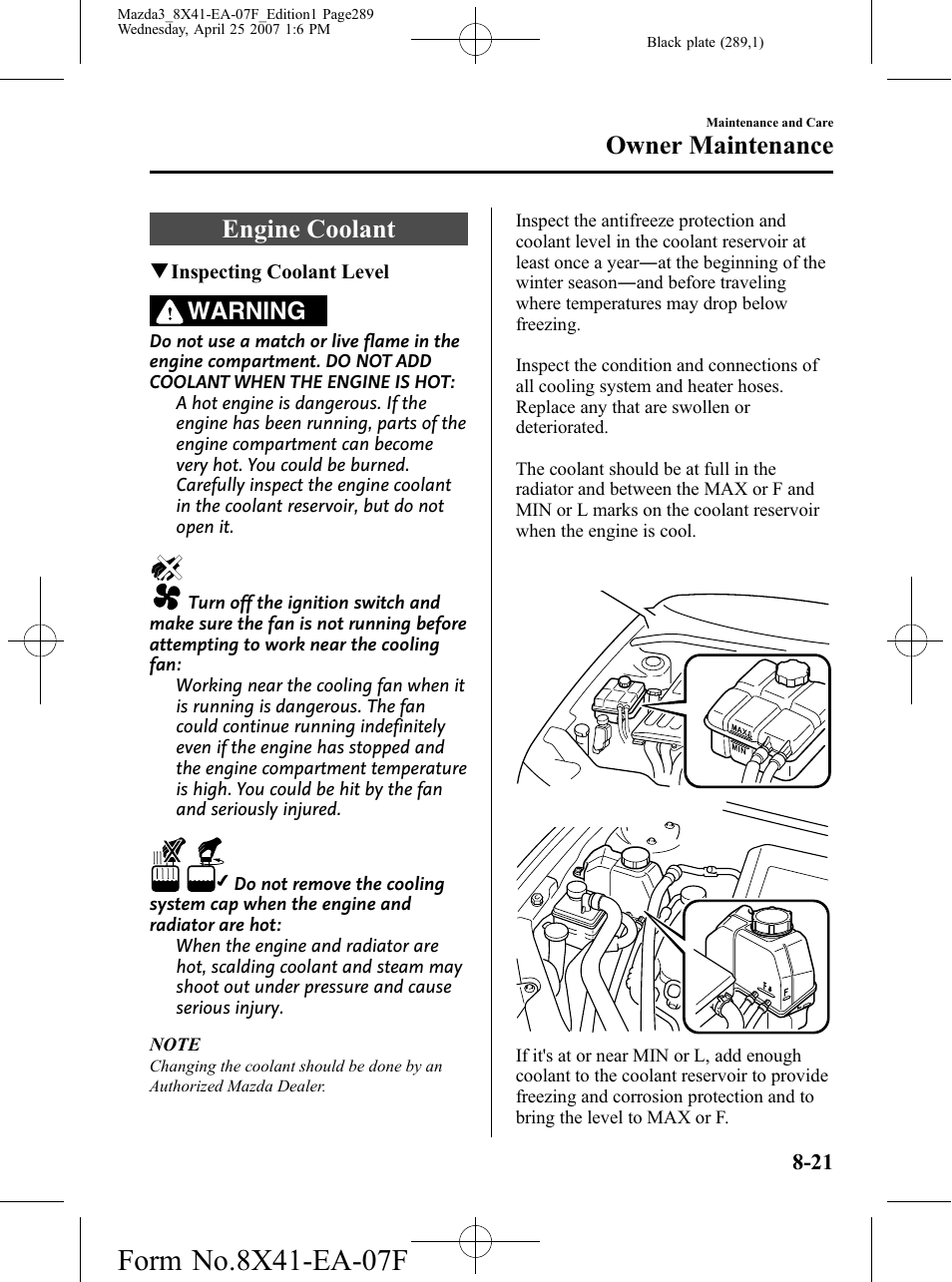 Engine coolant, Engine coolant -21, Owner maintenance | Warning | Mazda 2008 3 4-DOOR User Manual | Page 289 / 452