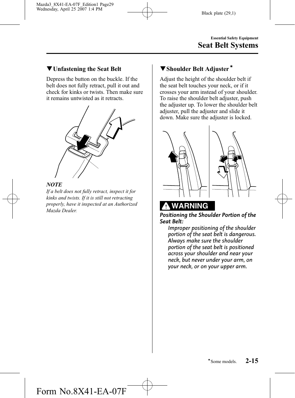 Seat belt systems, Warning | Mazda 2008 3 4-DOOR User Manual | Page 29 / 452