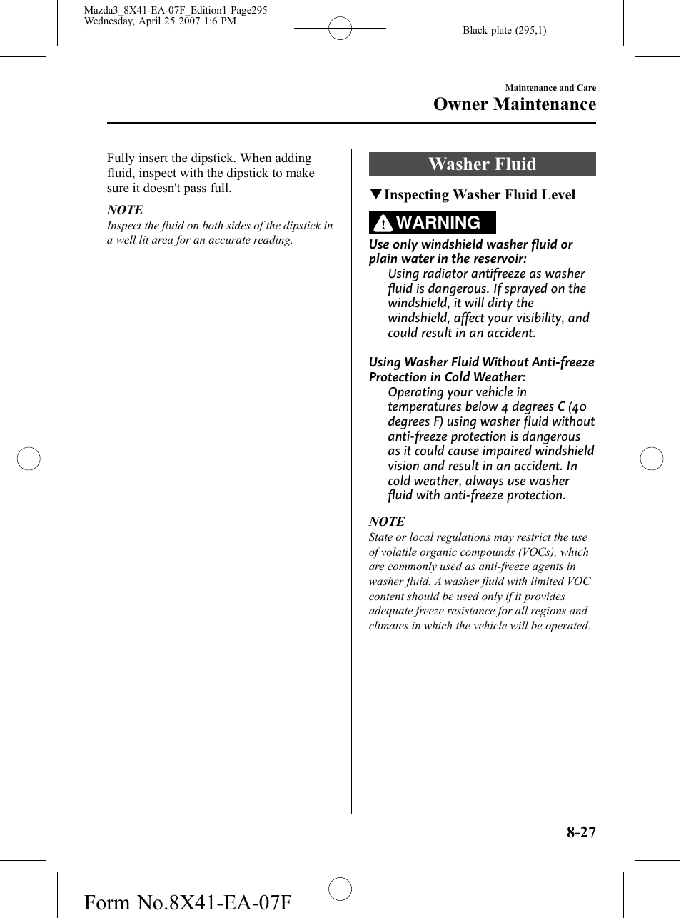 Washer fluid, Washer fluid -27, Owner maintenance | Warning | Mazda 2008 3 4-DOOR User Manual | Page 295 / 452