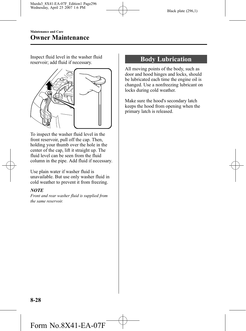 Body lubrication, Body lubrication -28, Owner maintenance | Mazda 2008 3 4-DOOR User Manual | Page 296 / 452