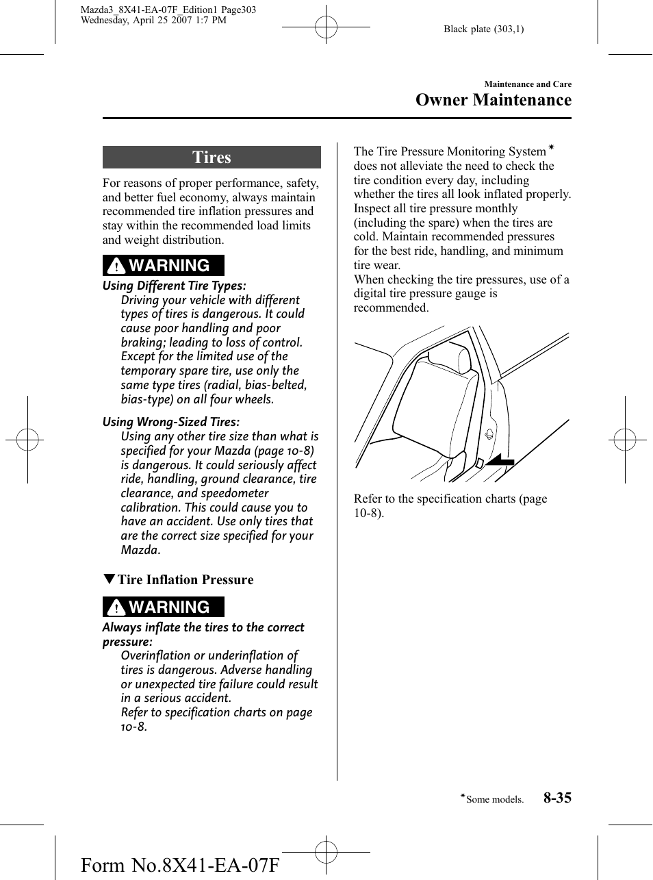 Tires, Tires -35, Owner maintenance | Warning | Mazda 2008 3 4-DOOR User Manual | Page 303 / 452