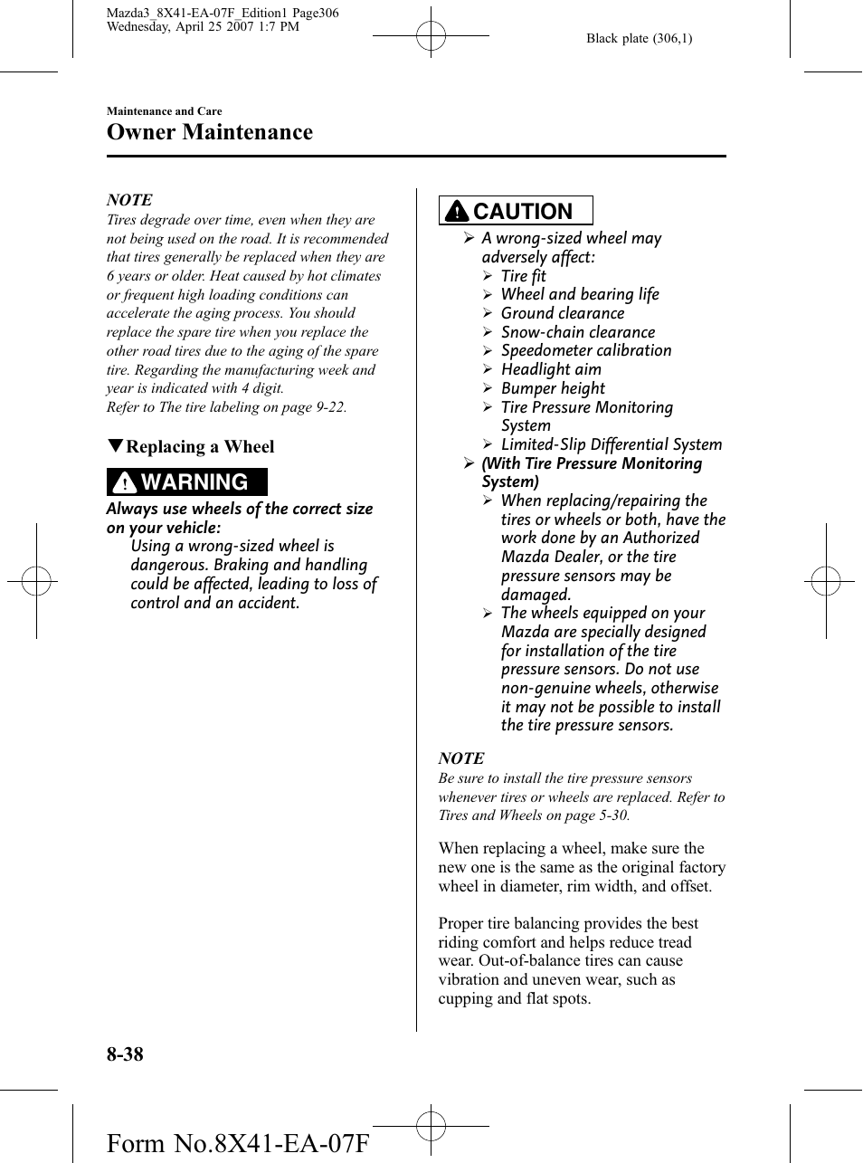 Owner maintenance, Warning, Caution | Mazda 2008 3 4-DOOR User Manual | Page 306 / 452
