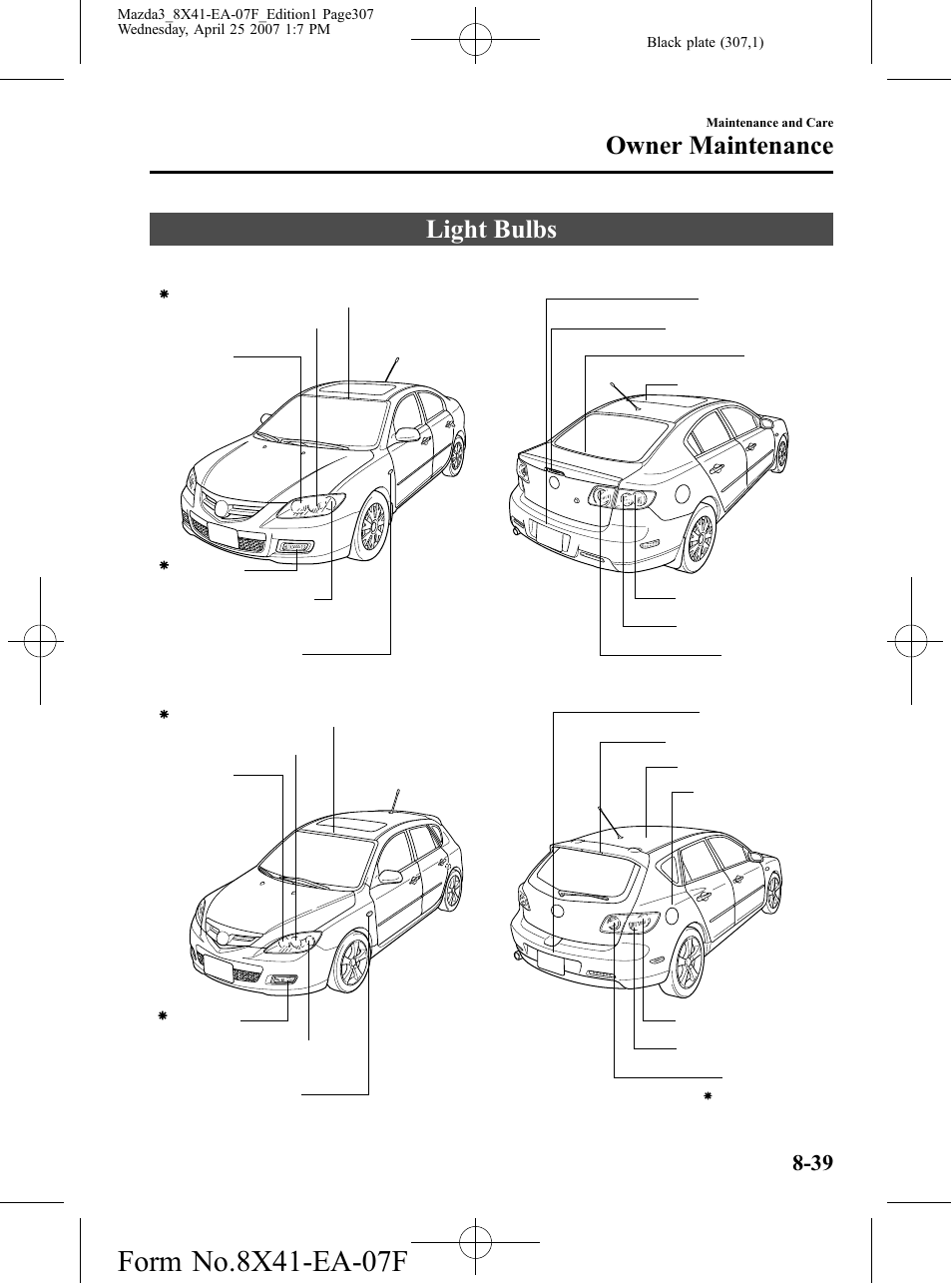Light bulbs, Light bulbs -39, Owner maintenance | Mazda 2008 3 4-DOOR User Manual | Page 307 / 452