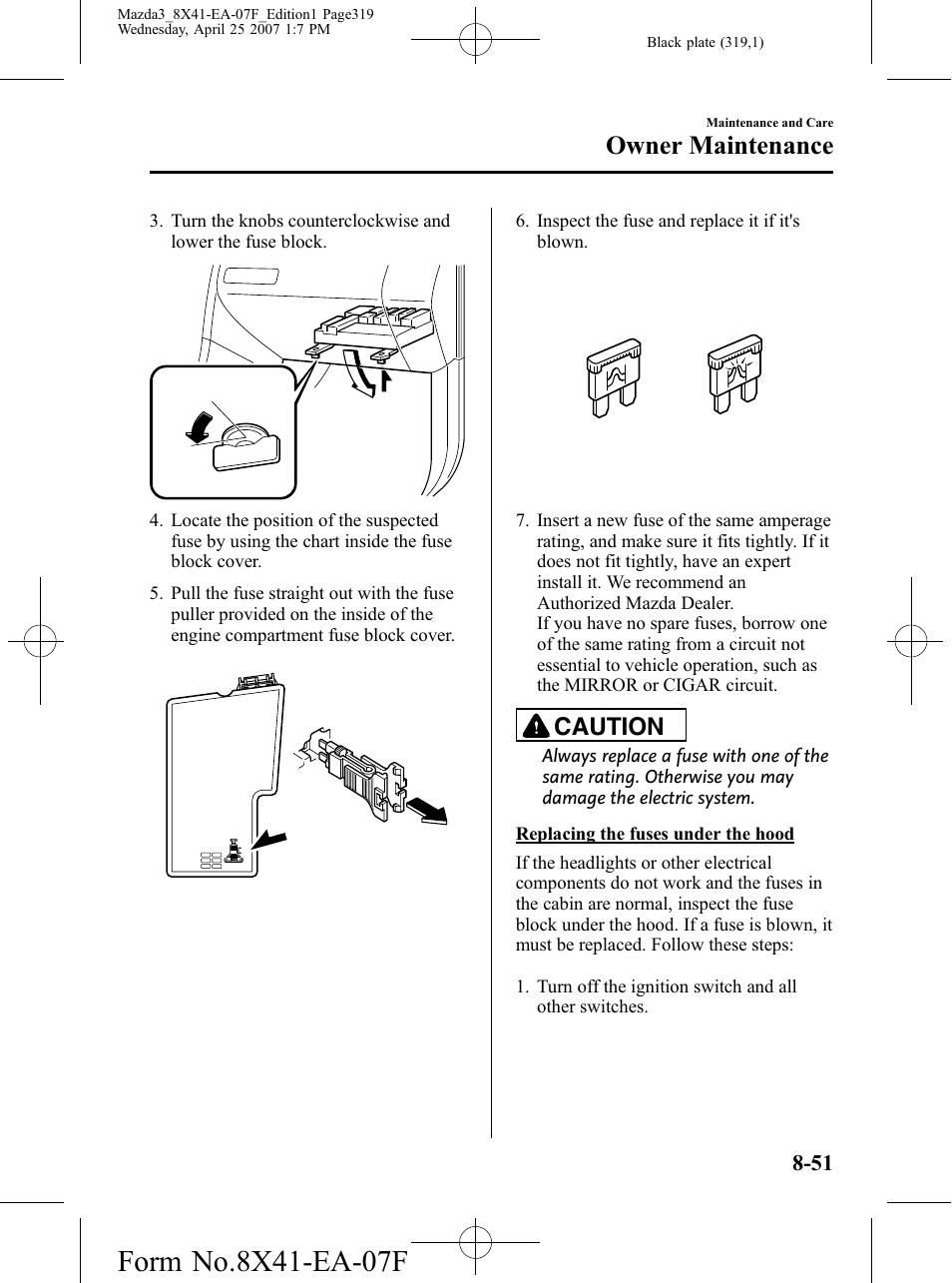 Owner maintenance, Caution | Mazda 2008 3 4-DOOR User Manual | Page 319 / 452