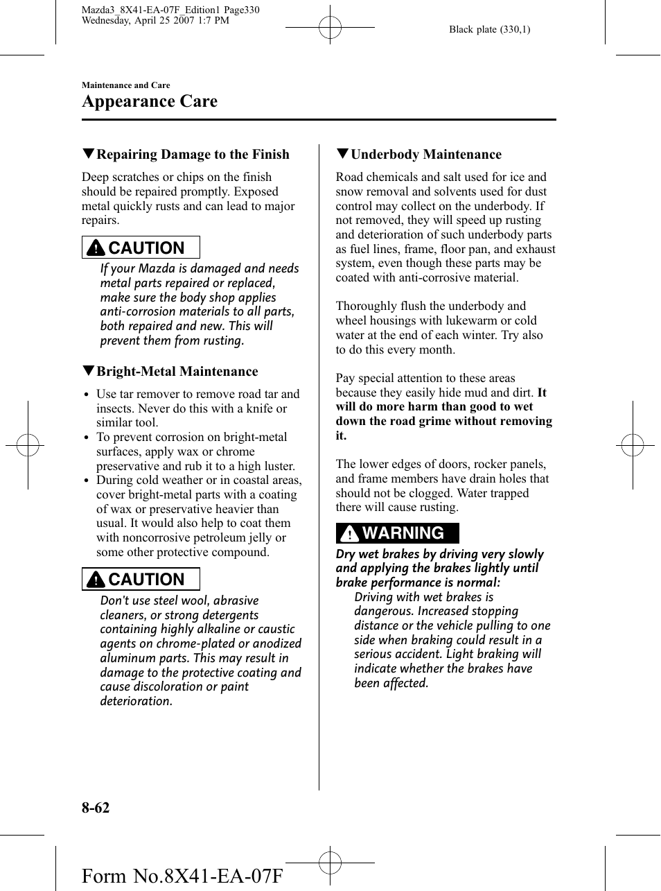 Appearance care, Caution, Warning | Mazda 2008 3 4-DOOR User Manual | Page 330 / 452