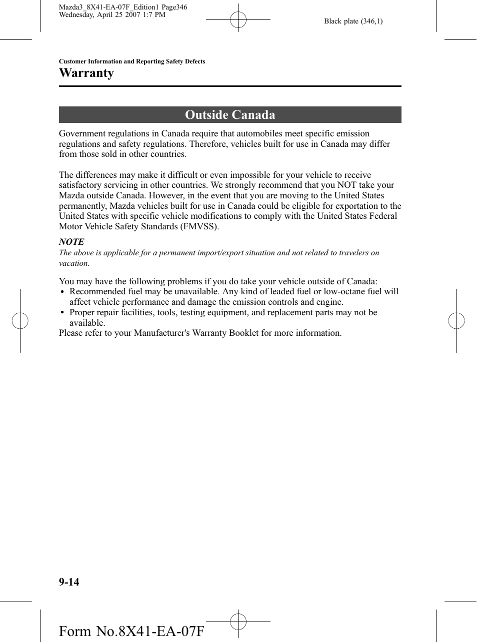 Outside canada, Outside canada -14, Warranty | Mazda 2008 3 4-DOOR User Manual | Page 346 / 452