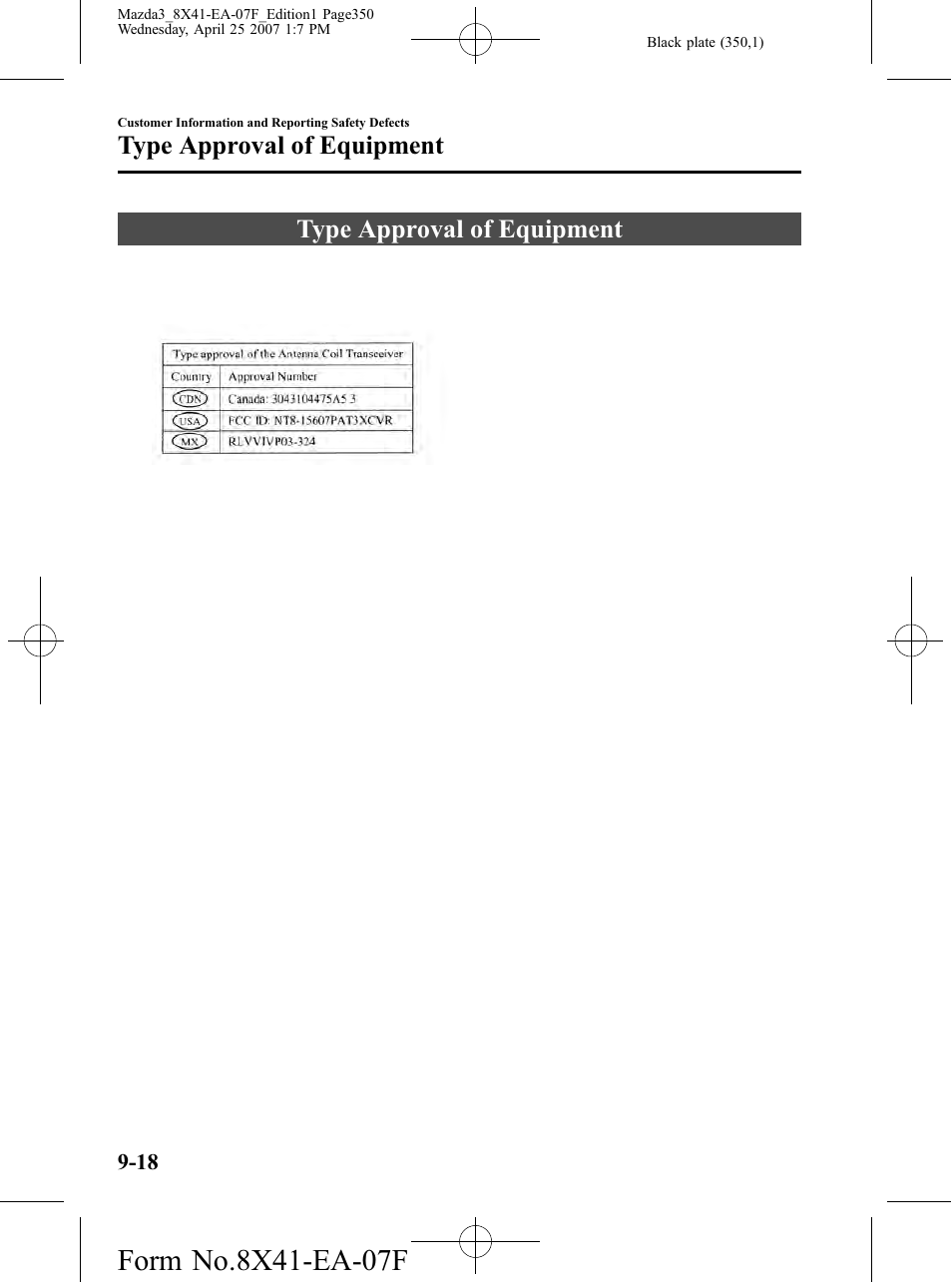 Type approval of equipment, Type approval of equipment -18 | Mazda 2008 3 4-DOOR User Manual | Page 350 / 452