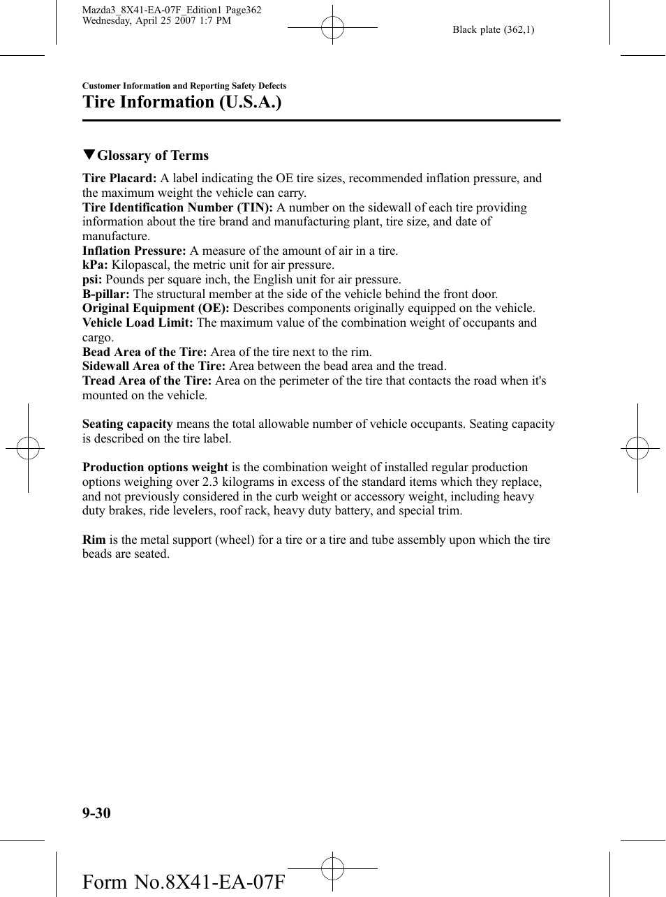 Tire information (u.s.a.) | Mazda 2008 3 4-DOOR User Manual | Page 362 / 452
