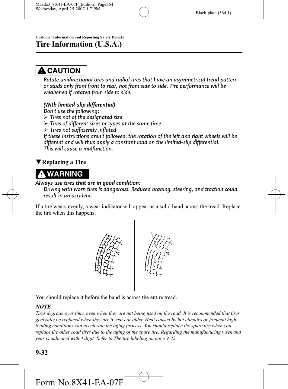 Tire information (u.s.a.), Caution, Warning | Mazda 2008 3 4-DOOR User Manual | Page 364 / 452