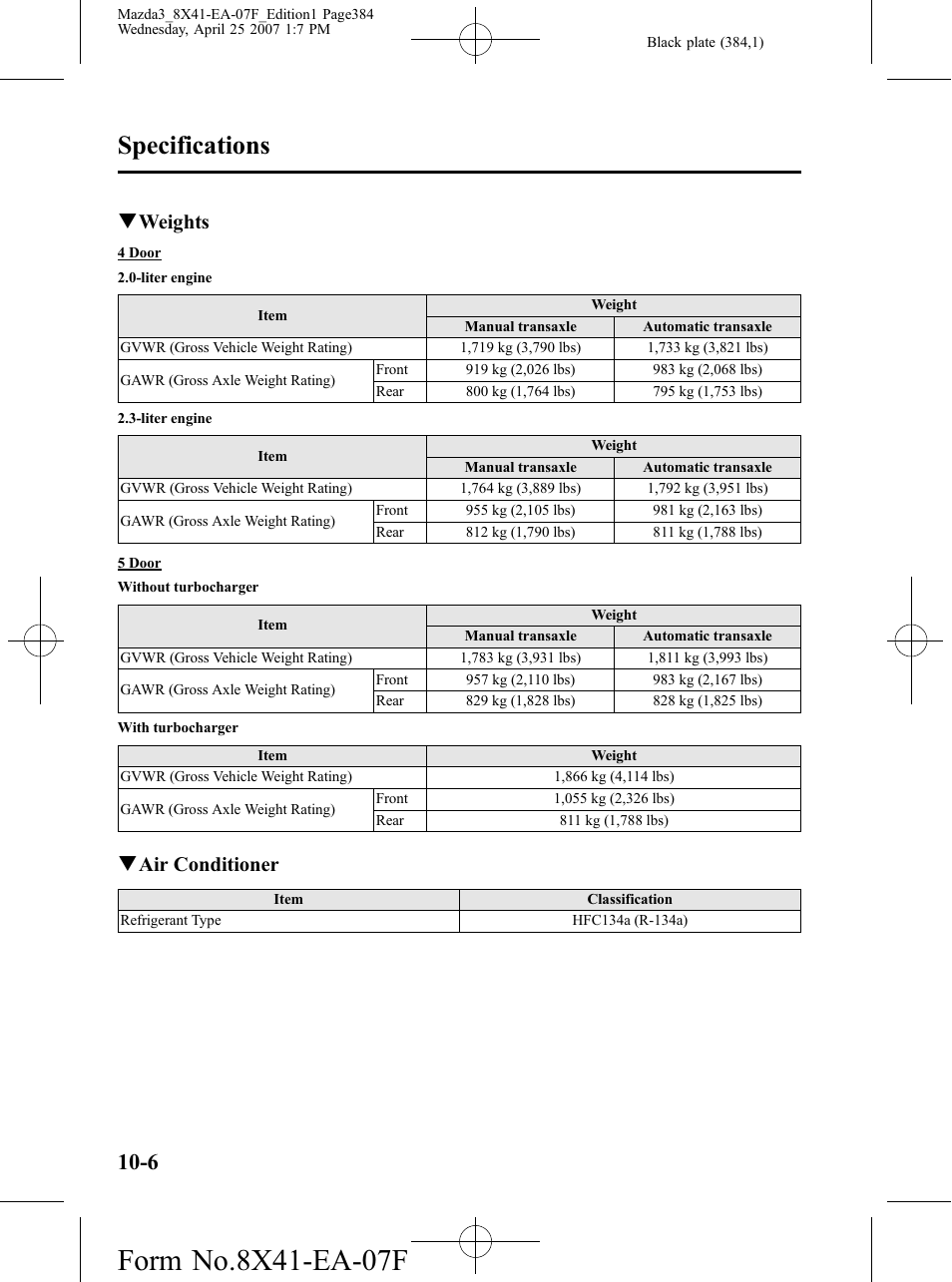 Specifications, Qweights, Qair conditioner | Mazda 2008 3 4-DOOR User Manual | Page 384 / 452