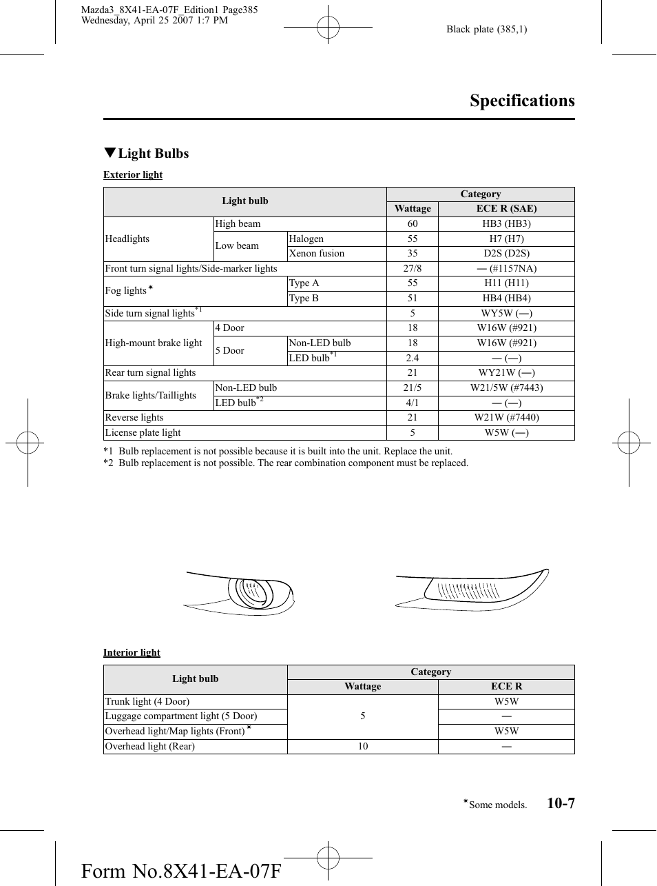 Specifications, Qlight bulbs | Mazda 2008 3 4-DOOR User Manual | Page 385 / 452