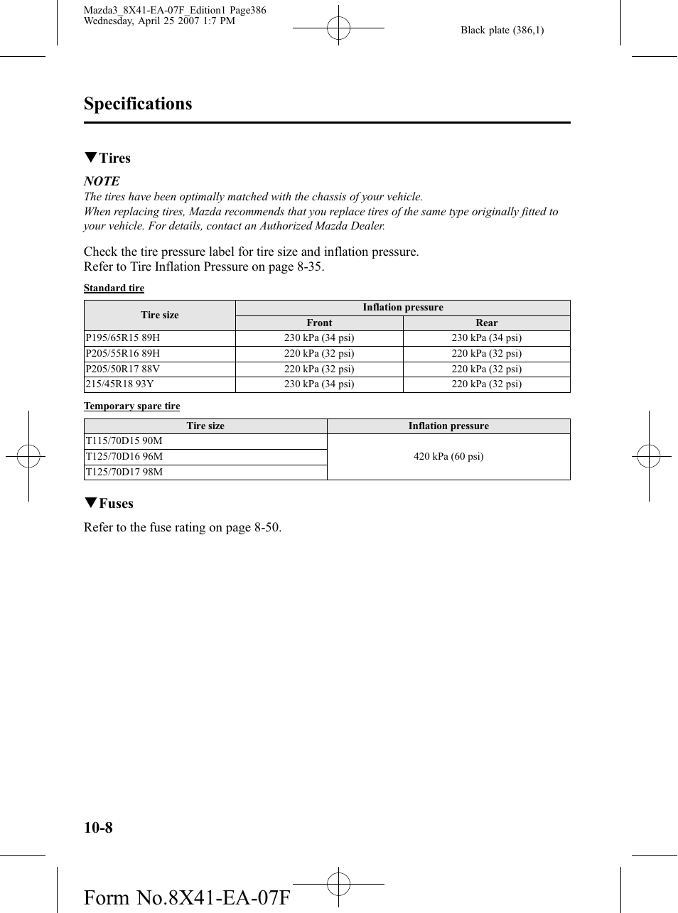 Specifications, Qtires, Qfuses | Mazda 2008 3 4-DOOR User Manual | Page 386 / 452