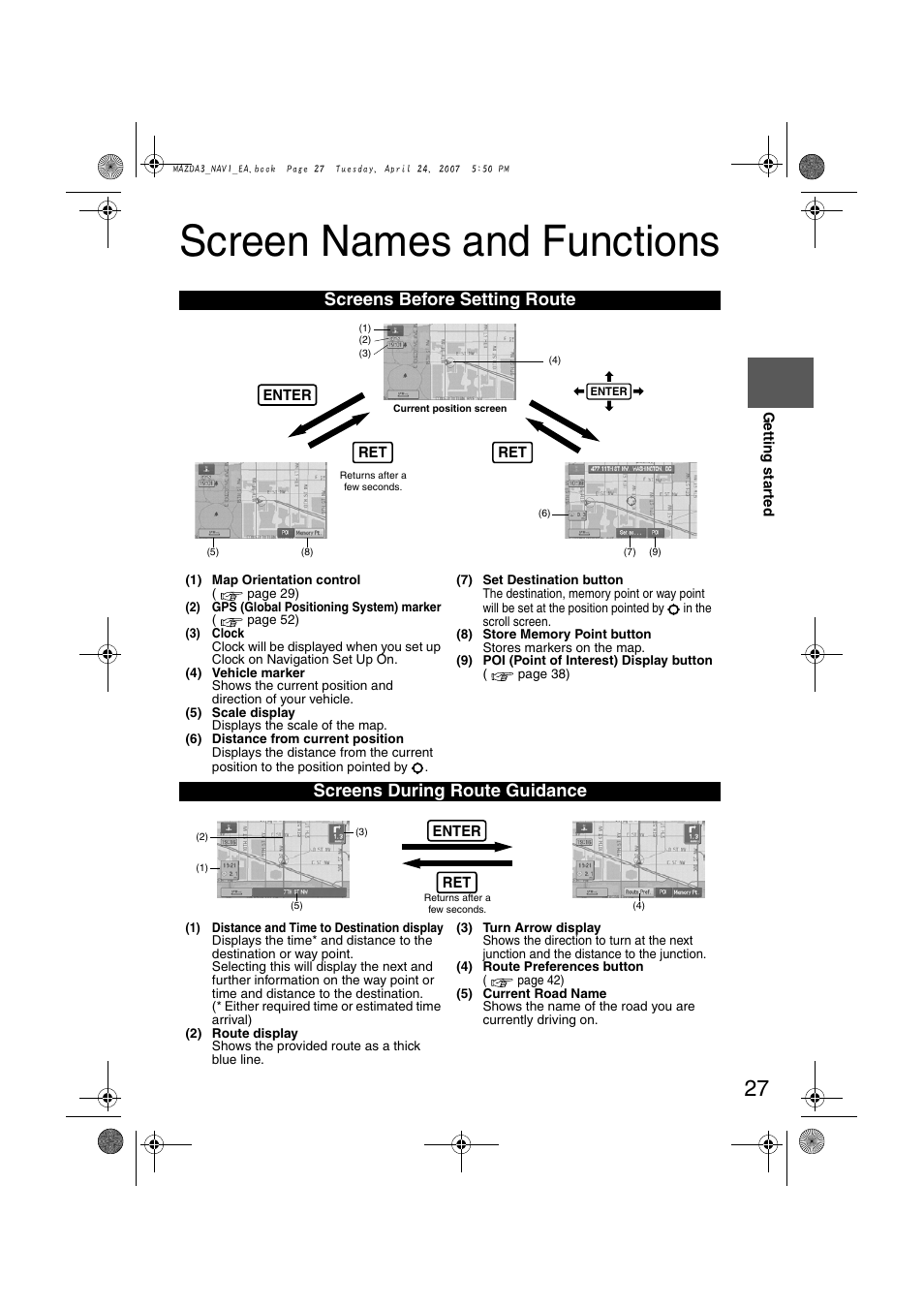 Screen names and functions, Screens before setting route, Screens during route guidance | Mazda 2008 3 4-DOOR User Manual | Page 421 / 452