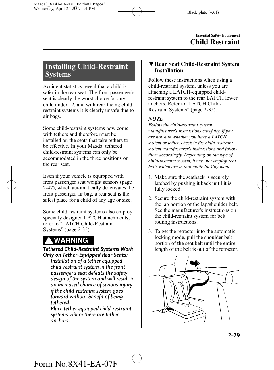 Installing child-restraint systems, Installing child-restraint systems -29, Child restraint | Warning | Mazda 2008 3 4-DOOR User Manual | Page 43 / 452