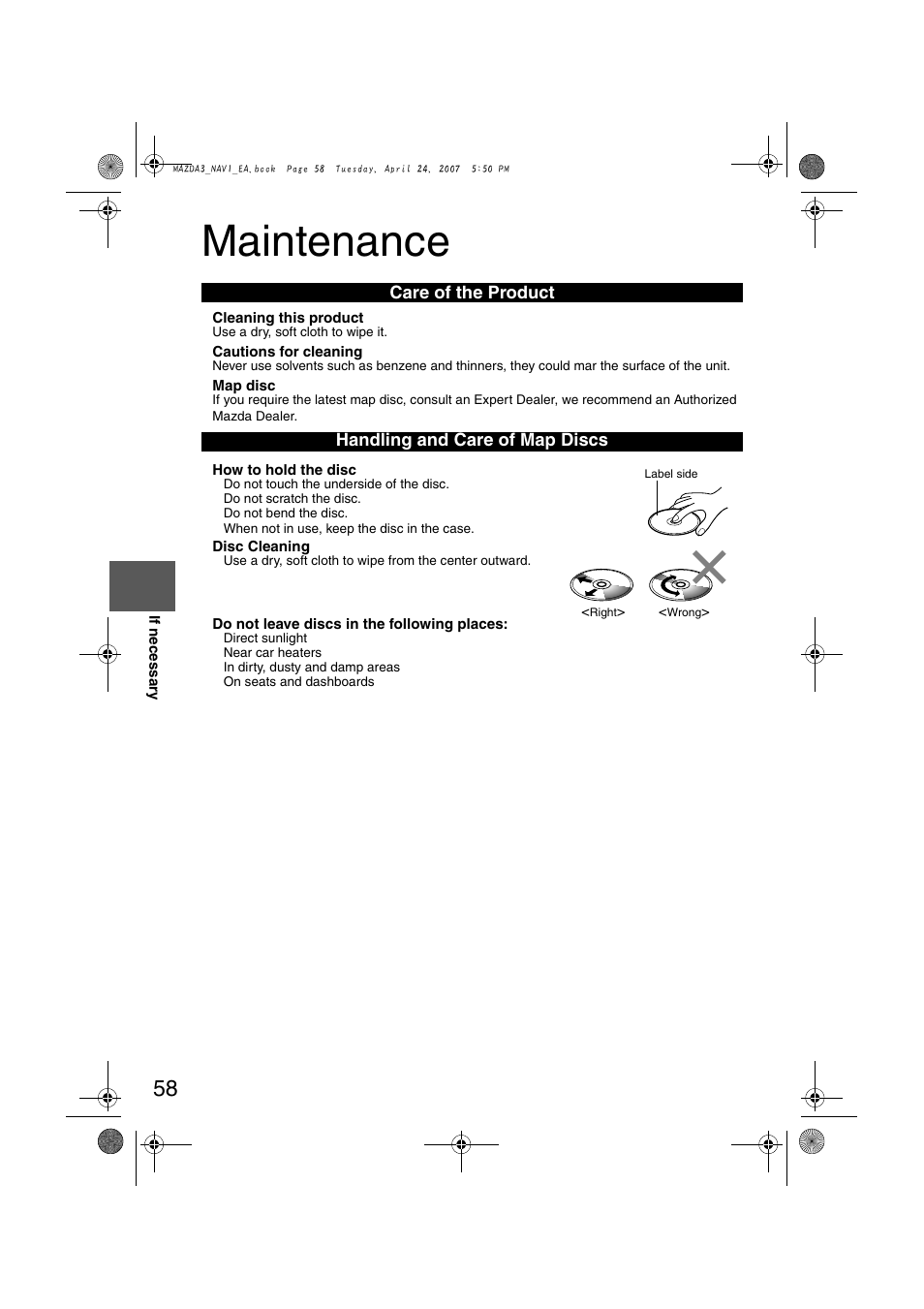Maintenance, Care of the product handling and care of map discs | Mazda 2008 3 4-DOOR User Manual | Page 452 / 452