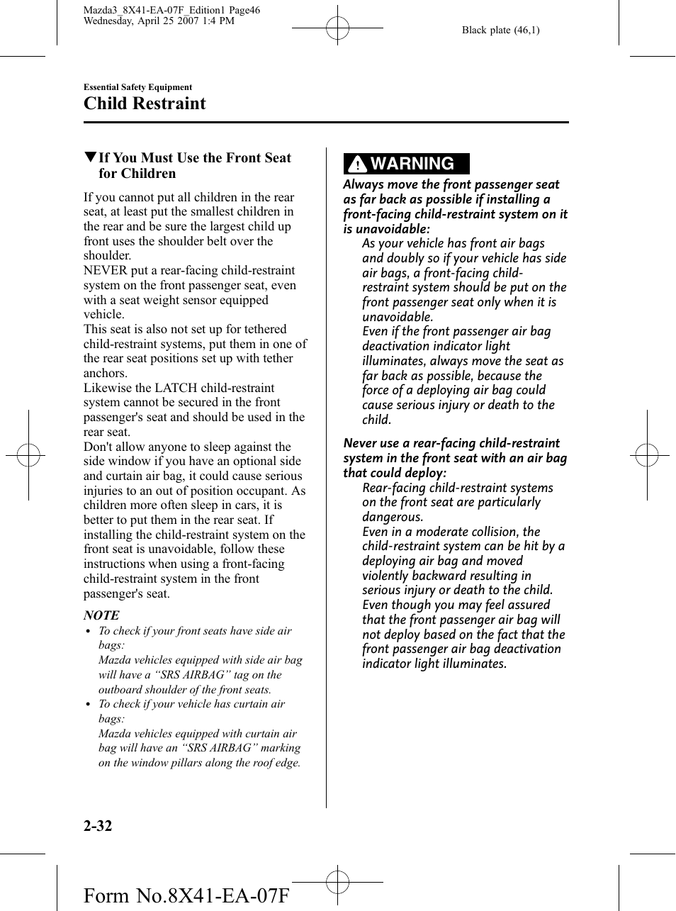 Child restraint, Warning | Mazda 2008 3 4-DOOR User Manual | Page 46 / 452