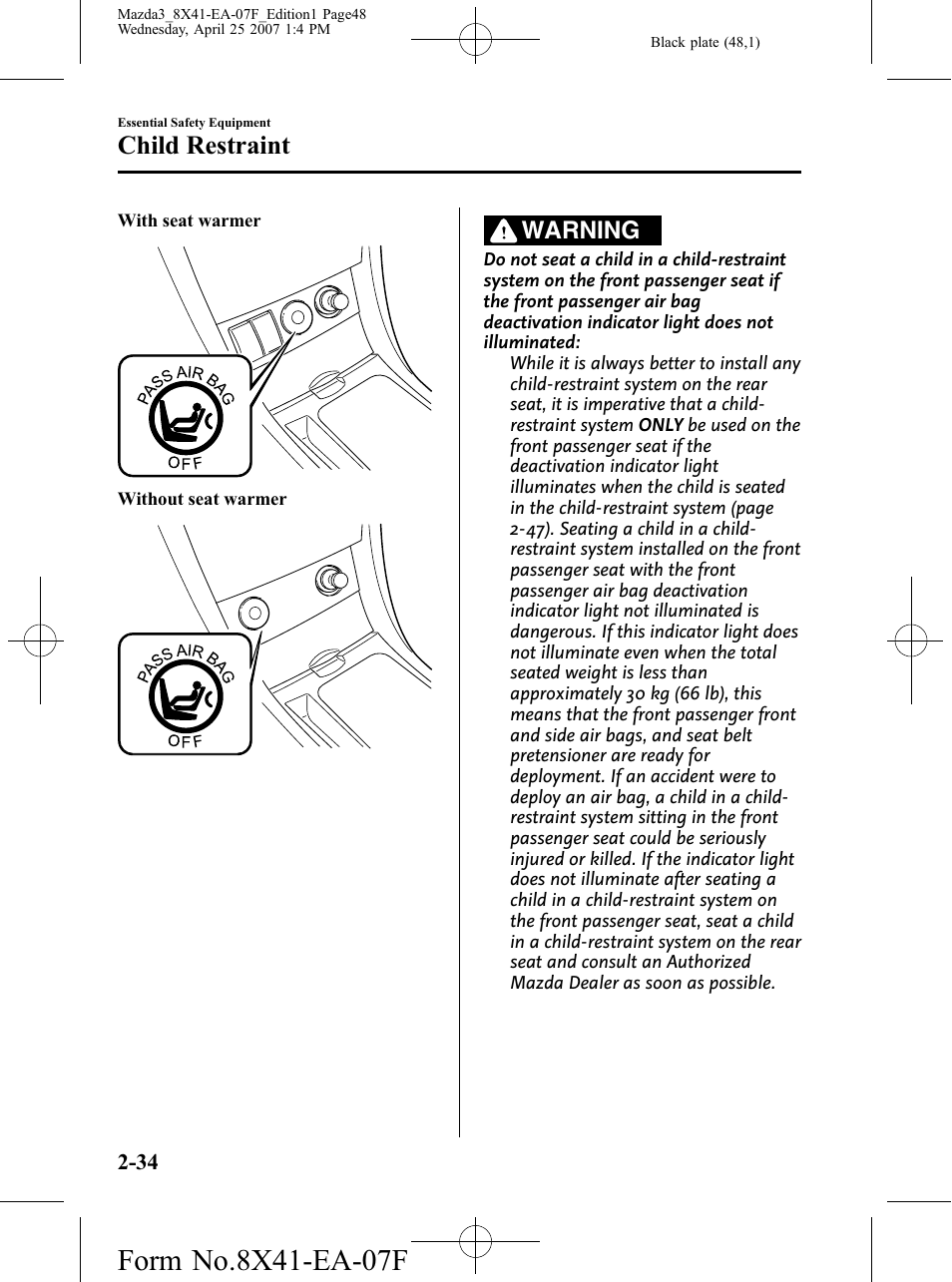Child restraint, Warning | Mazda 2008 3 4-DOOR User Manual | Page 48 / 452