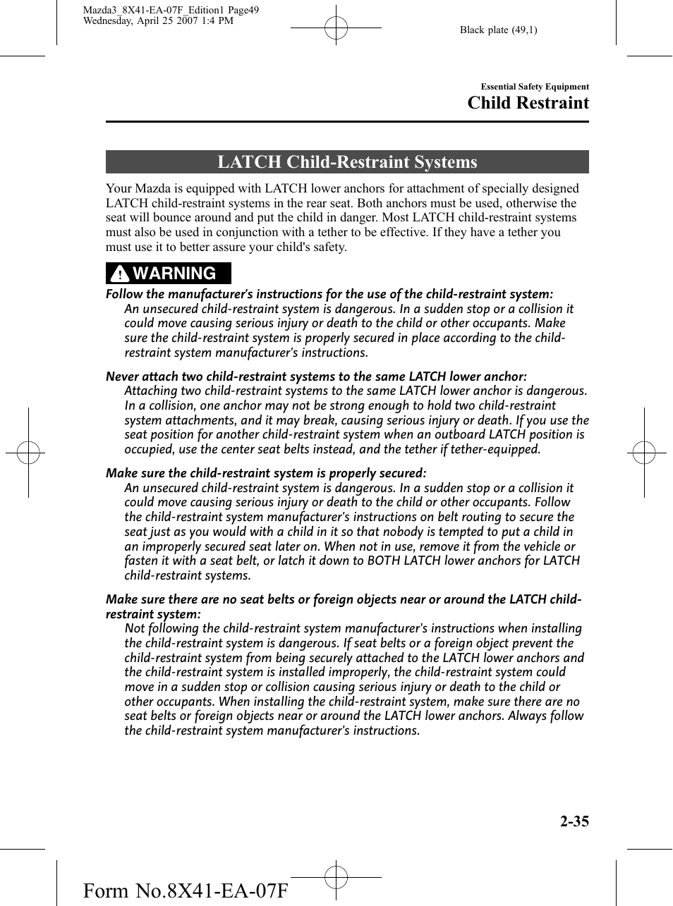 Latch child-restraint systems, Latch child-restraint systems -35, Child restraint | Warning | Mazda 2008 3 4-DOOR User Manual | Page 49 / 452