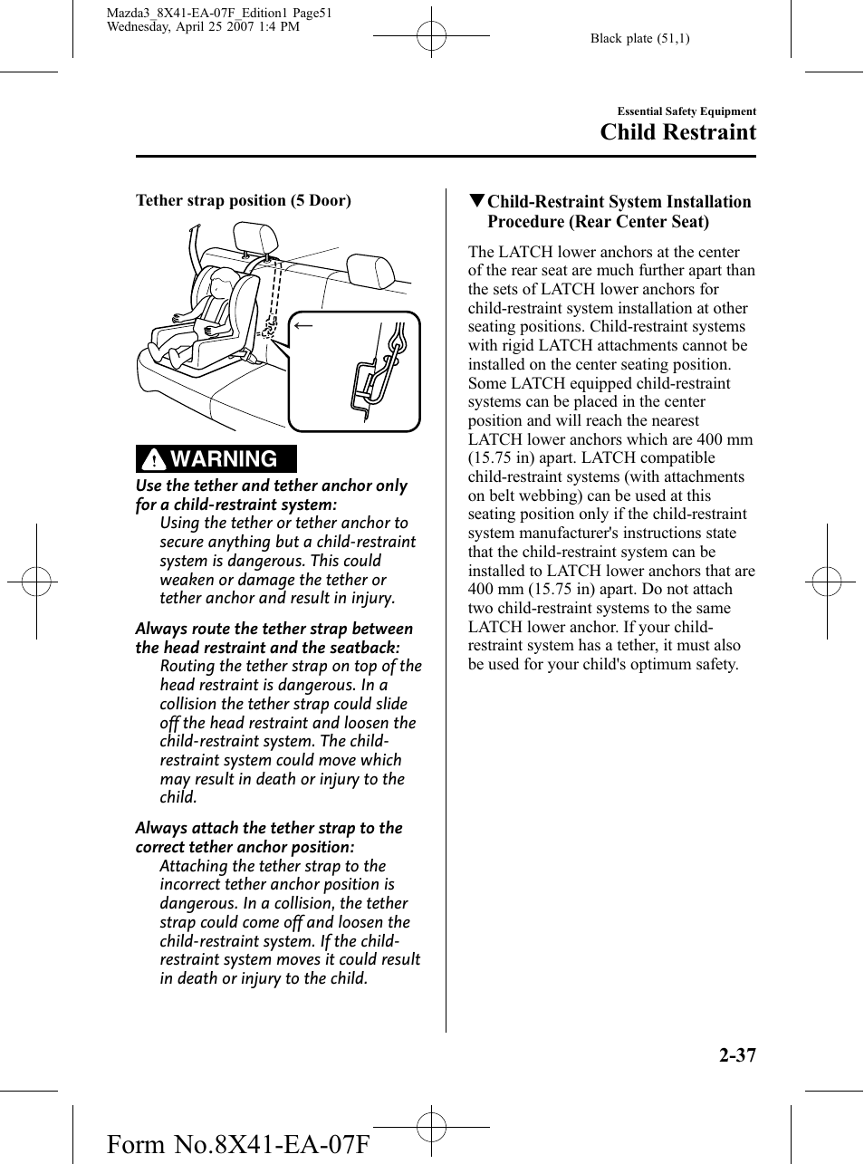 Child restraint, Warning | Mazda 2008 3 4-DOOR User Manual | Page 51 / 452