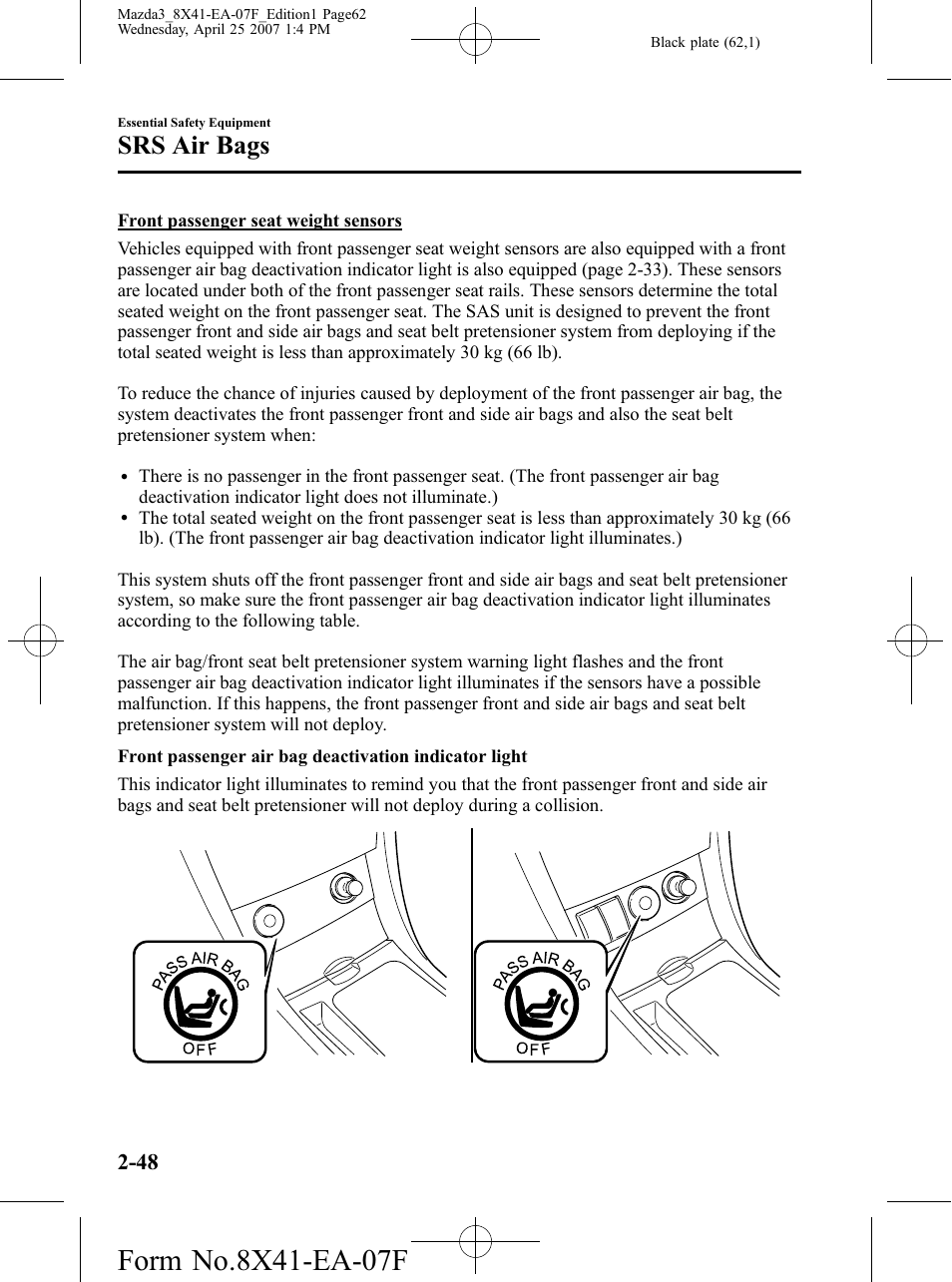 Srs air bags | Mazda 2008 3 4-DOOR User Manual | Page 62 / 452