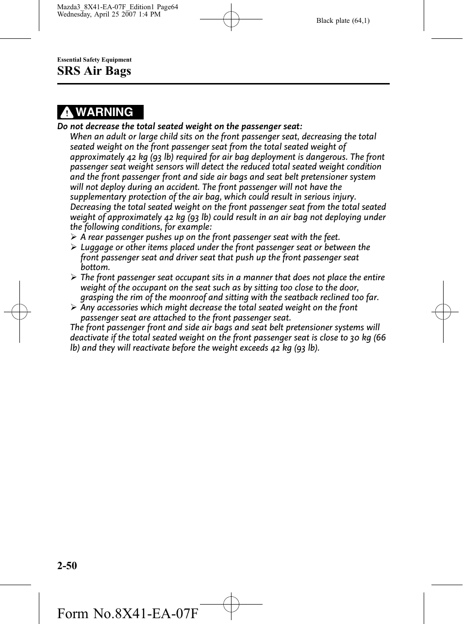 Srs air bags, Warning | Mazda 2008 3 4-DOOR User Manual | Page 64 / 452