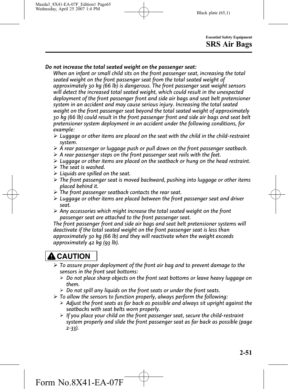 Srs air bags, Caution | Mazda 2008 3 4-DOOR User Manual | Page 65 / 452
