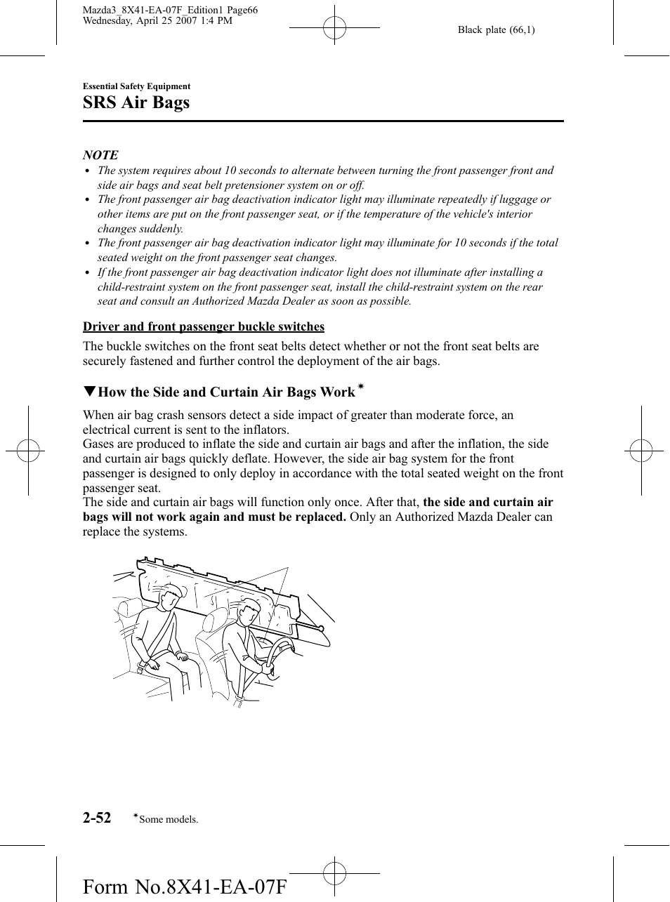 Srs air bags, Qhow the side and curtain air bags work | Mazda 2008 3 4-DOOR User Manual | Page 66 / 452