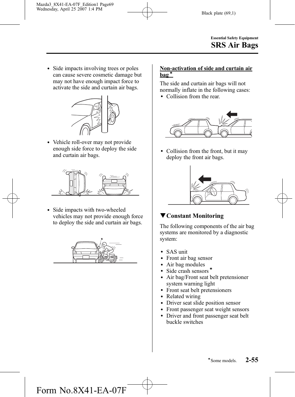 Srs air bags, Qconstant monitoring | Mazda 2008 3 4-DOOR User Manual | Page 69 / 452