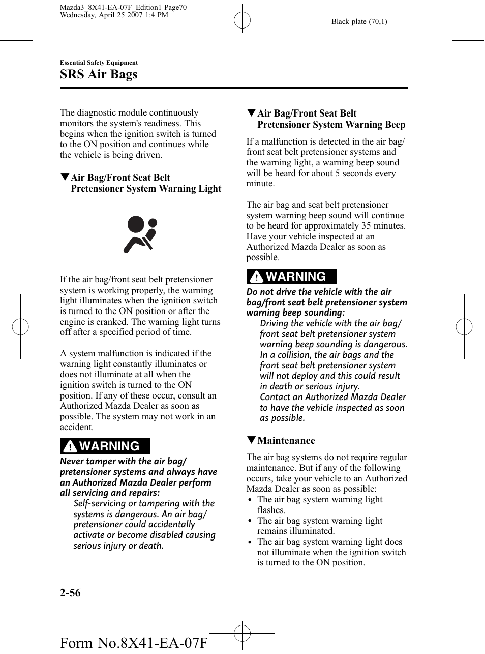 Srs air bags, Warning | Mazda 2008 3 4-DOOR User Manual | Page 70 / 452