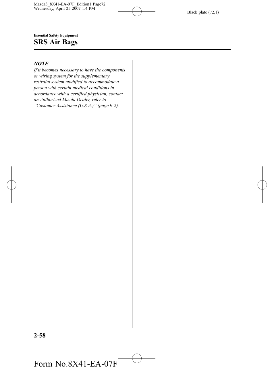 Srs air bags | Mazda 2008 3 4-DOOR User Manual | Page 72 / 452