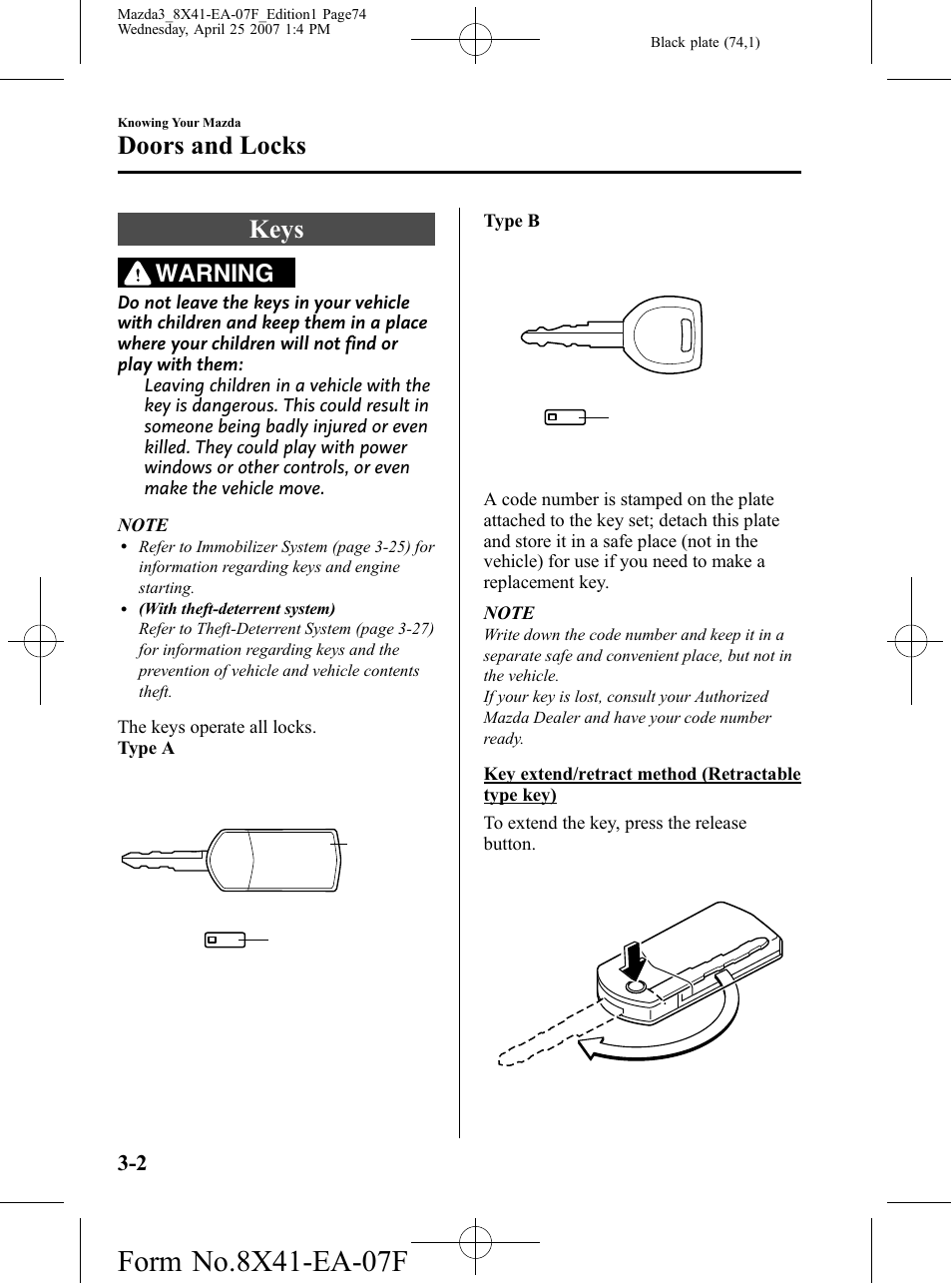 Doors and locks, Keys, Doors and locks -2 | Keys -2, Warning | Mazda 2008 3 4-DOOR User Manual | Page 74 / 452