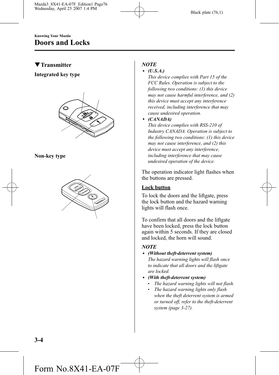 Doors and locks, Qtransmitter | Mazda 2008 3 4-DOOR User Manual | Page 76 / 452