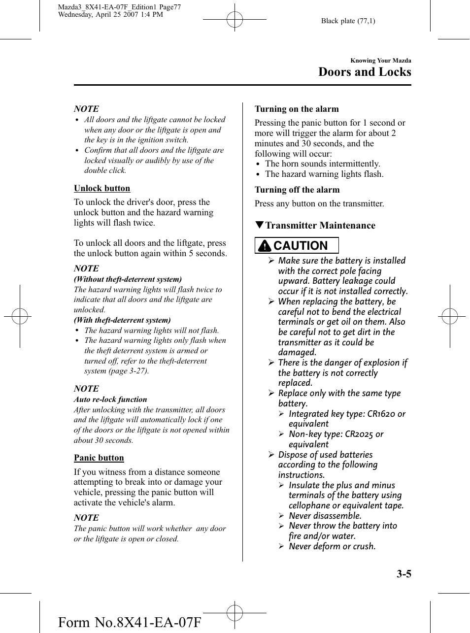 Doors and locks, Caution | Mazda 2008 3 4-DOOR User Manual | Page 77 / 452