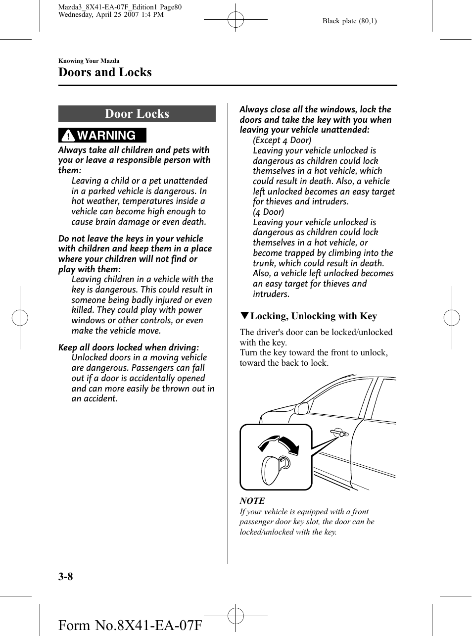 Door locks, Door locks -8, Doors and locks | Warning | Mazda 2008 3 4-DOOR User Manual | Page 80 / 452