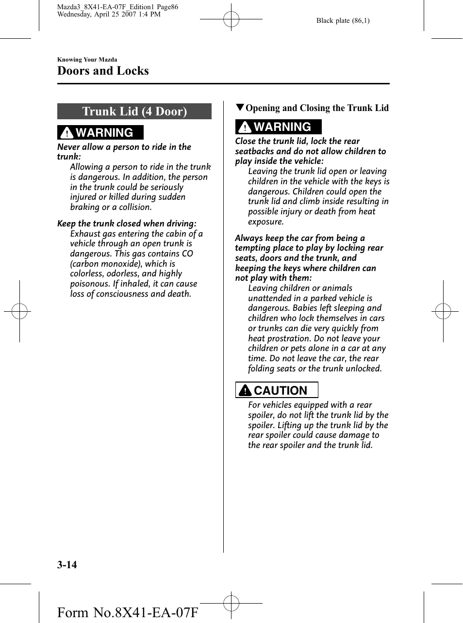 Trunk lid (4 door), Trunk lid (4 door) -14, Doors and locks | Warning, Caution | Mazda 2008 3 4-DOOR User Manual | Page 86 / 452