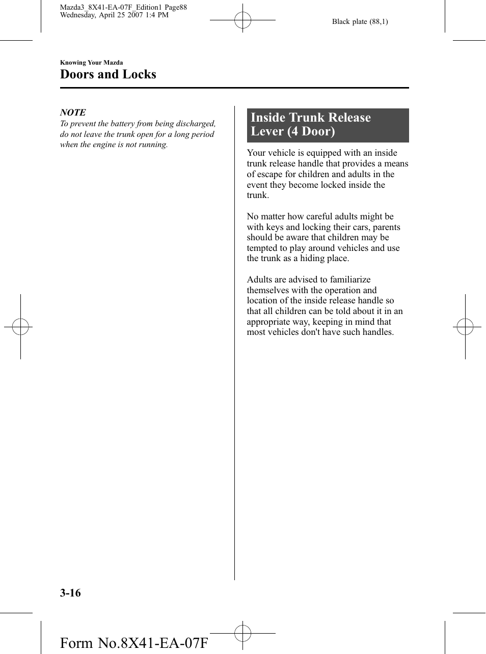 Inside trunk release lever (4 door), Inside trunk release lever (4 door) -16, Doors and locks | Mazda 2008 3 4-DOOR User Manual | Page 88 / 452